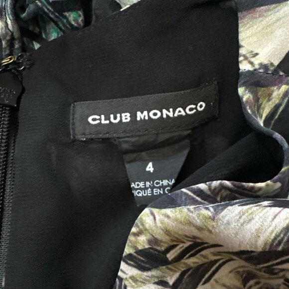 Club Monaco Abstract Leaf Print Ruffle Trim Cocktail Dress Black Green Size 4 - Picture 8 of 9